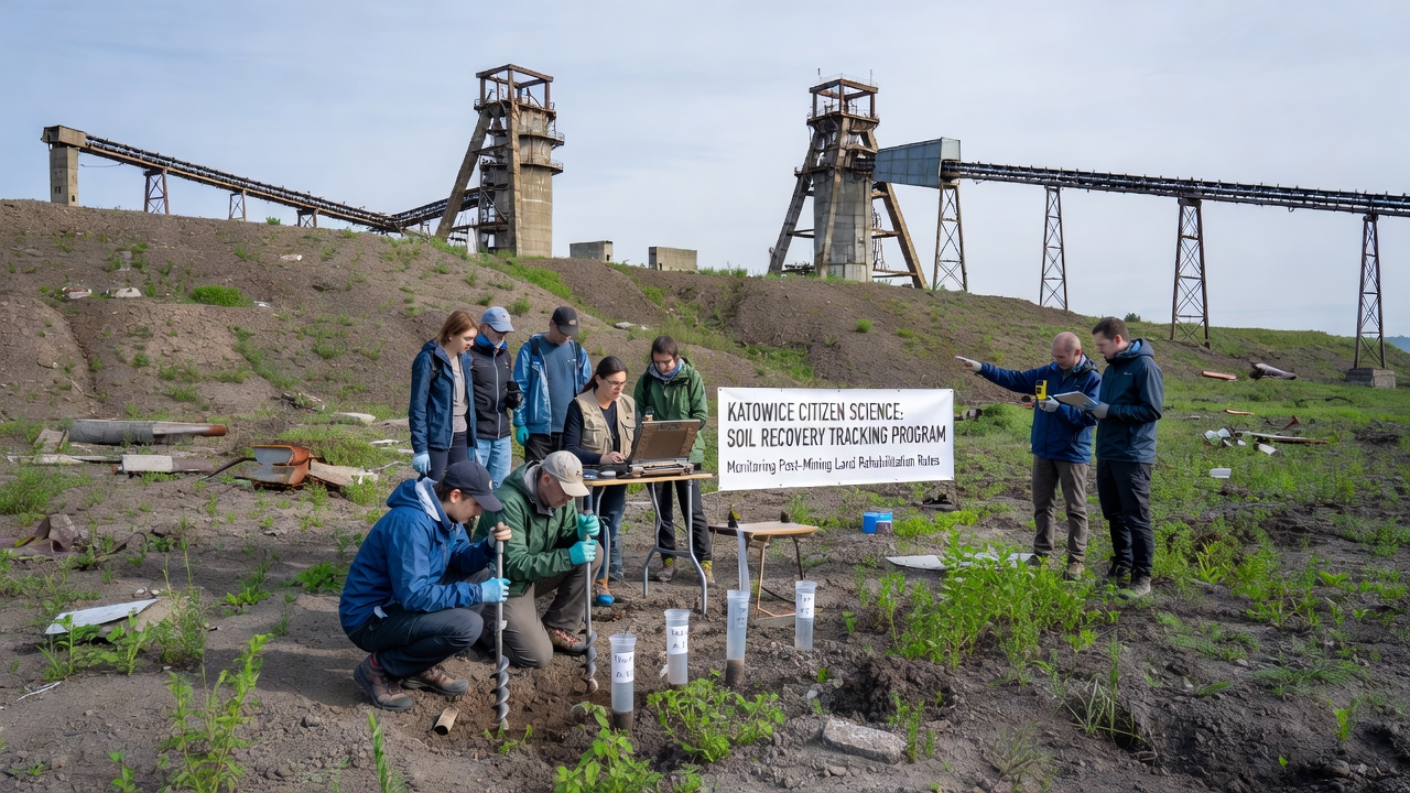 Close-up of soil sampling tools and data logging tablet used by citizen scientists on a reclaimed industrial plot in Katowice