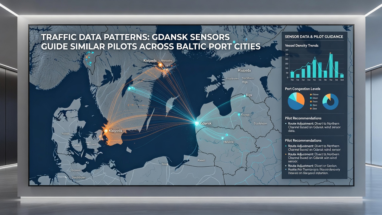 Analysts reviewing real-time traffic dashboards from multiple Baltic port cities during a coordination meeting